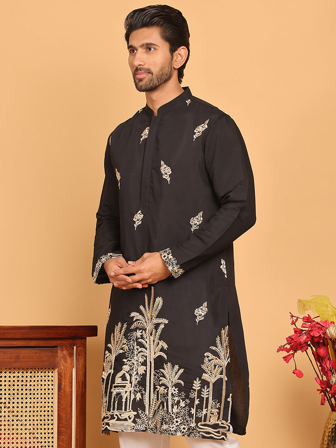 DesiQlo Men Embroidered Kurta Only - Black - KO_5172Black_S