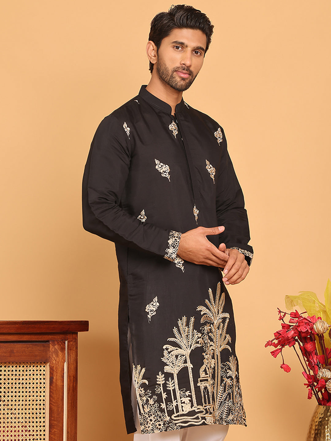 DesiQlo Men Embroidered Kurta Only - Black - KO_5172Black_S
