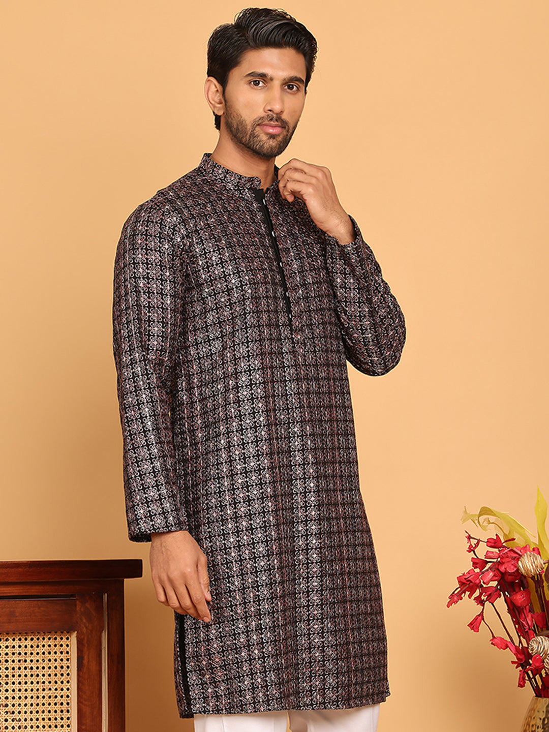 DesiQlo Men Embroidered Kurta Only - Silver - KO_5173Silver_S