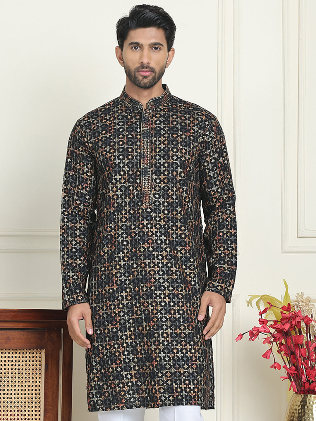 Embroidered and Sequins Viscose Rayon Kurtas For Men ( KO 5173 Yellow ) [FF] [J-3-4]