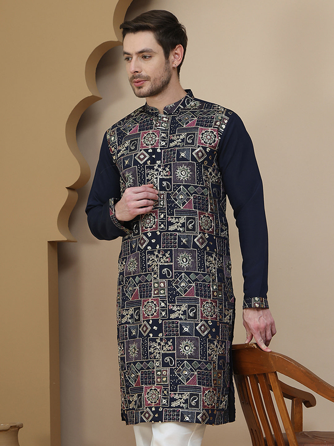DesiQlo Men Embroidered Kurta Only - Blue - KO_5174Navy_S