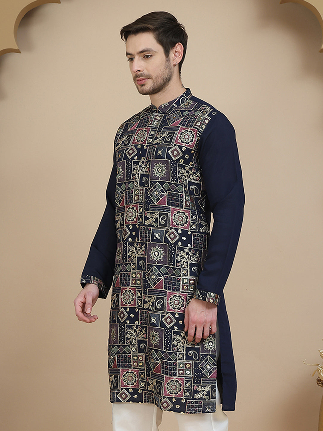 DesiQlo Men Embroidered Kurta Only - Blue - KO_5174Navy_S