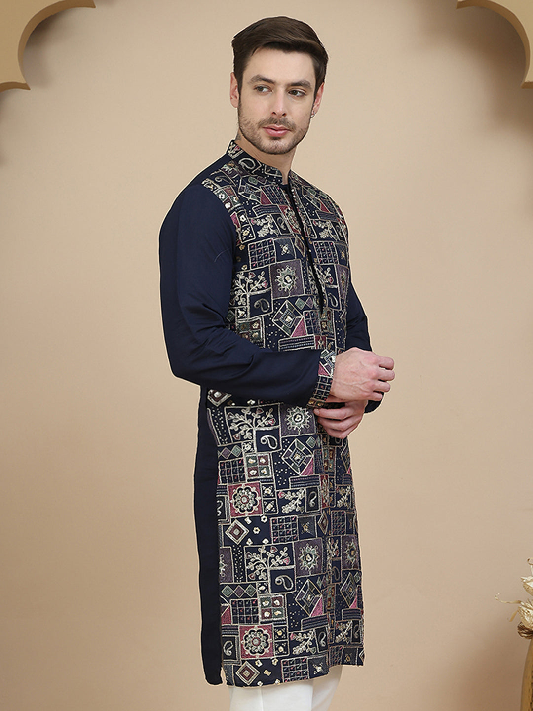 DesiQlo Men Embroidered Kurta Only - Blue - KO_5174Navy_S