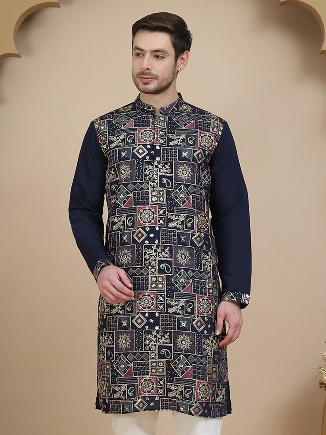 DesiQlo Men Embroidered Kurta Only - Blue - KO_5174Navy_S