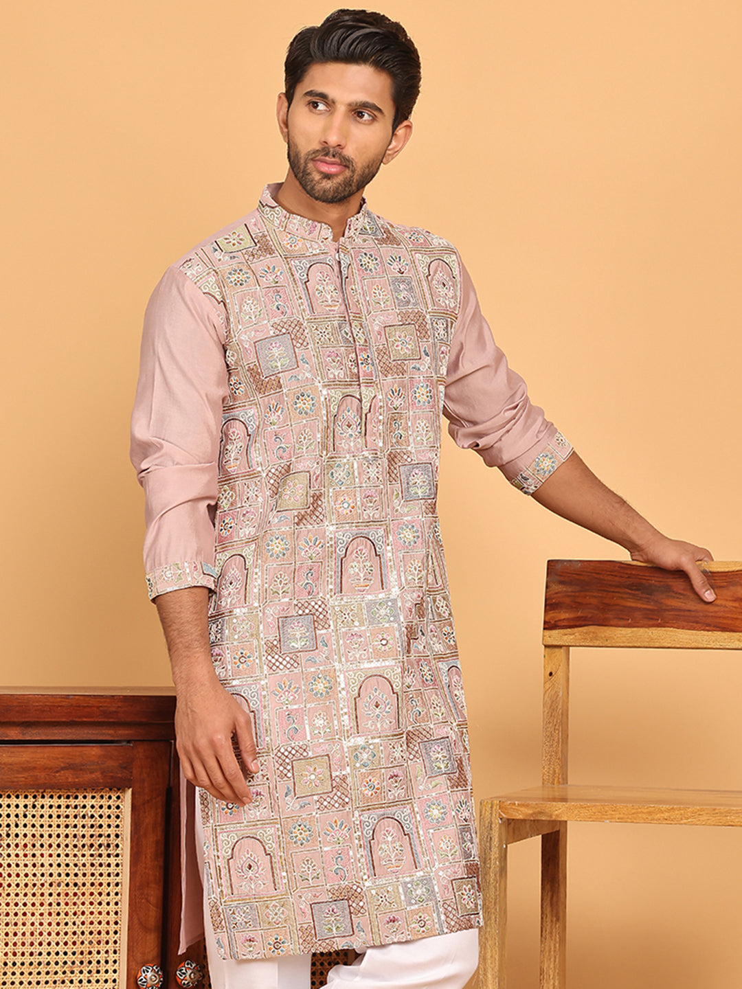 DesiQlo Men Embroidered Kurta Only - Orange - KO_5174Peach_S