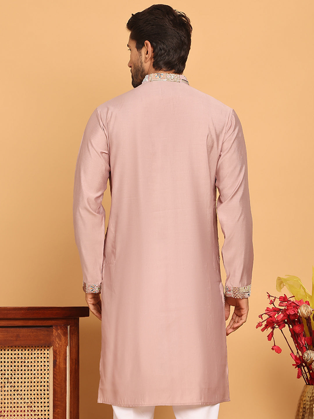 DesiQlo Men Embroidered Kurta Only - Orange - KO_5174Peach_S