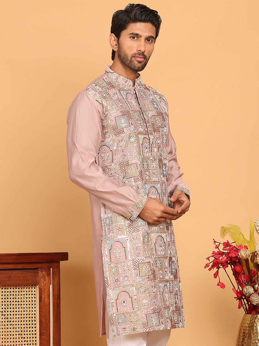 DesiQlo Men Embroidered Kurta Only - Orange - KO_5174Peach_S