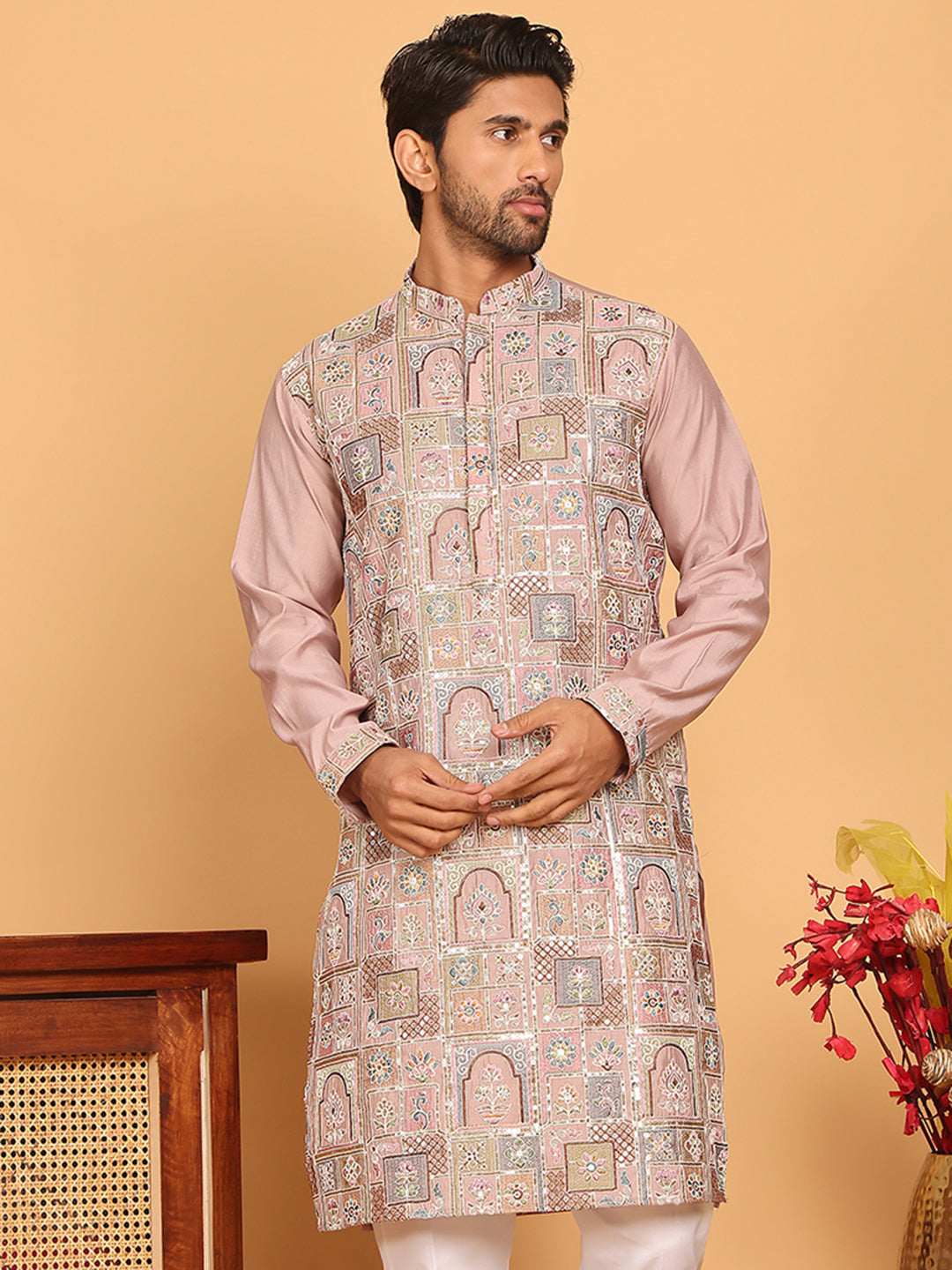 DesiQlo Men Embroidered Kurta Only - Orange - KO_5174Peach_S