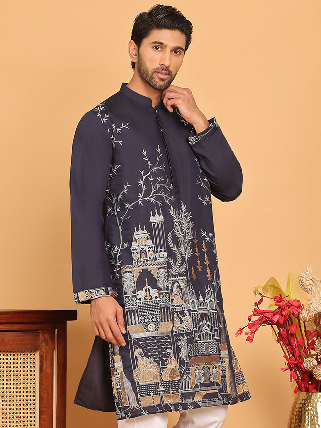 DesiQlo Men Embroidered Kurta Only - Blue - KO_5176Navy_S