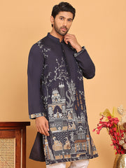 Navy Blue Embroidered Straight Kurtas For Men ( KO 5176 Navy ) [FF] [C-13-14]