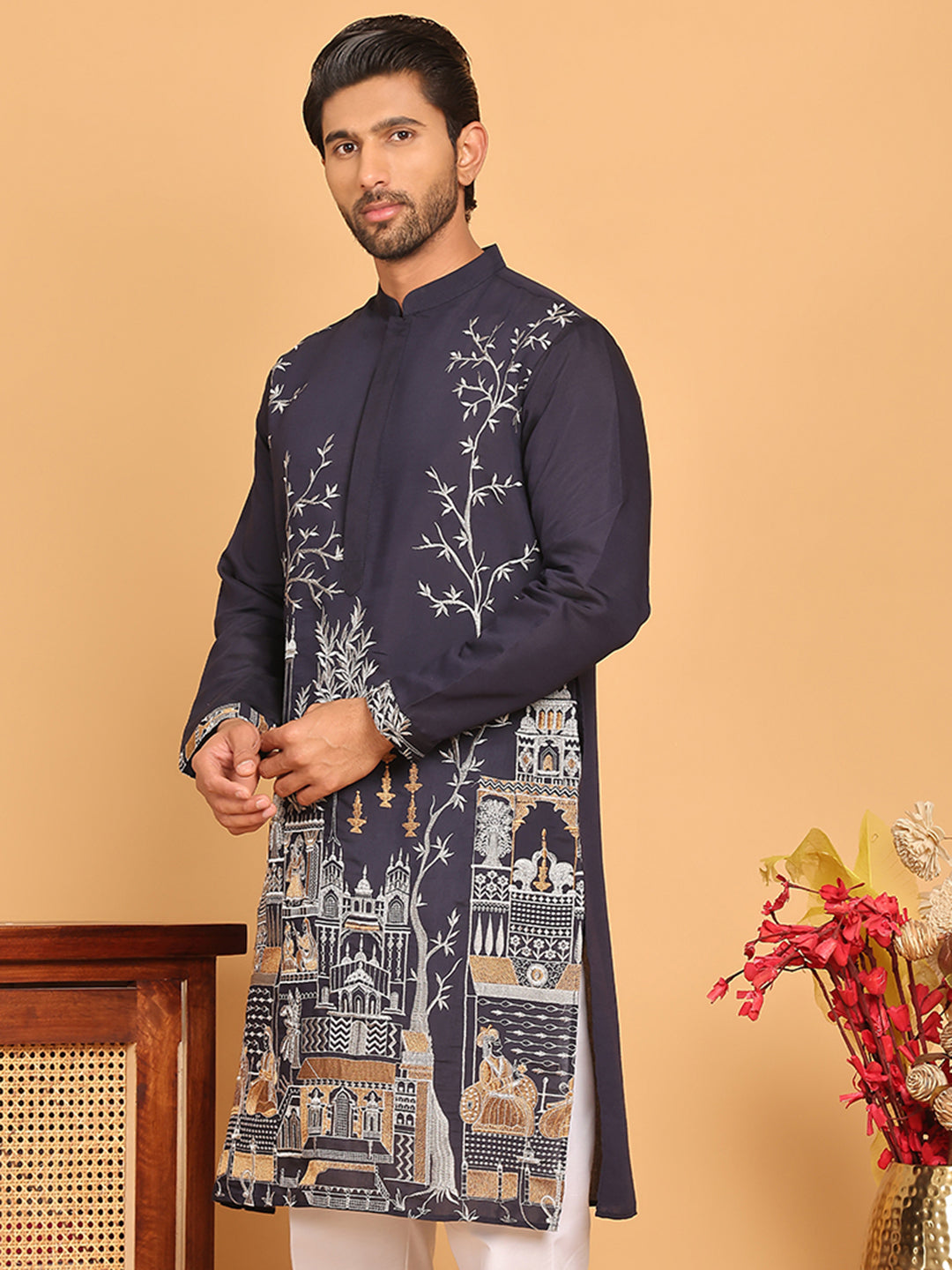 DesiQlo Men Embroidered Kurta Only - Blue - KO_5176Navy_S