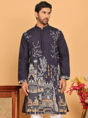 Navy Blue Embroidered Straight Kurtas For Men ( KO 5176 Navy ) [FF] [C-13-14]