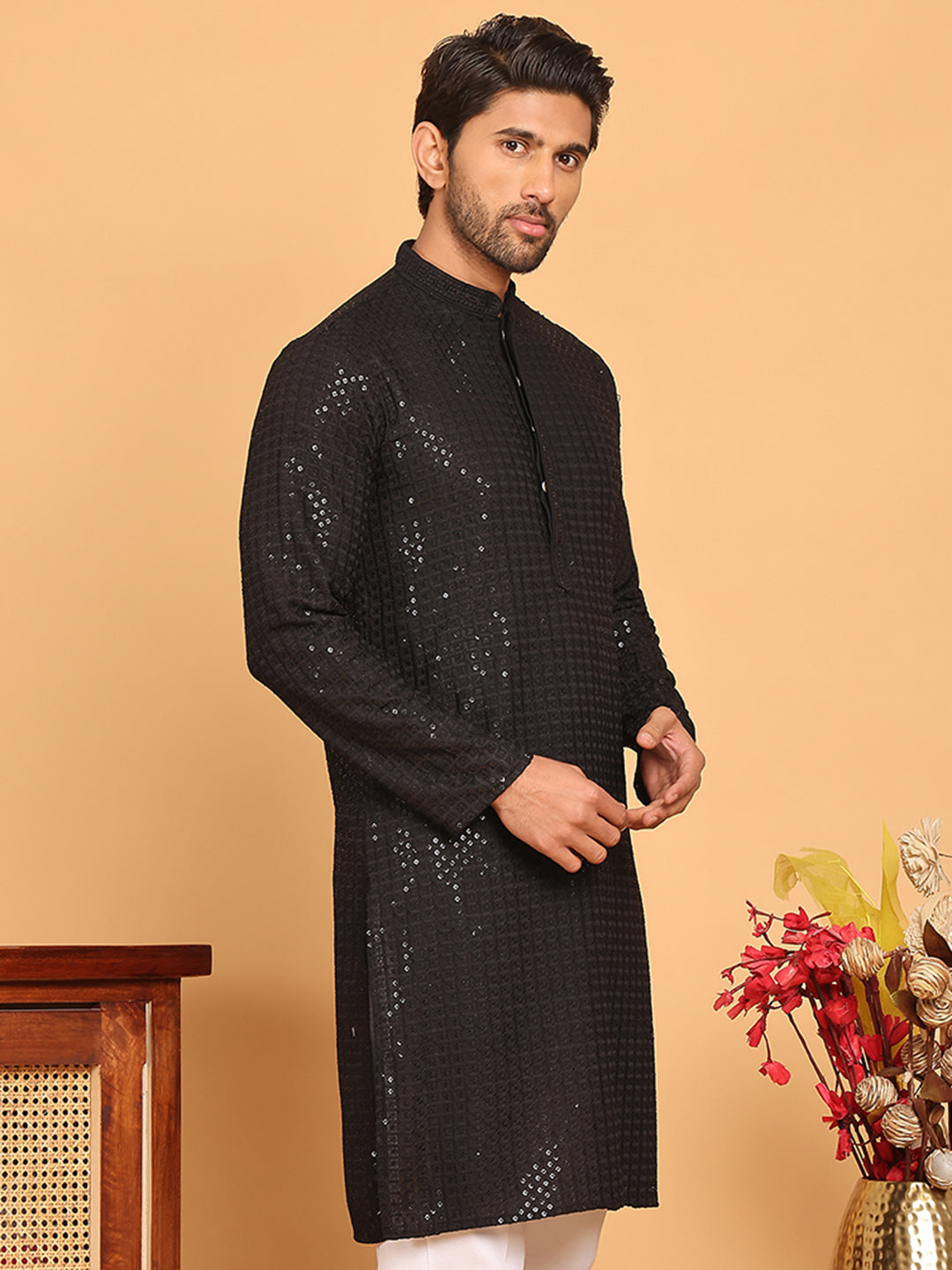 DesiQlo Men Embroidered Kurta Only - Black - KO_5177Black_S