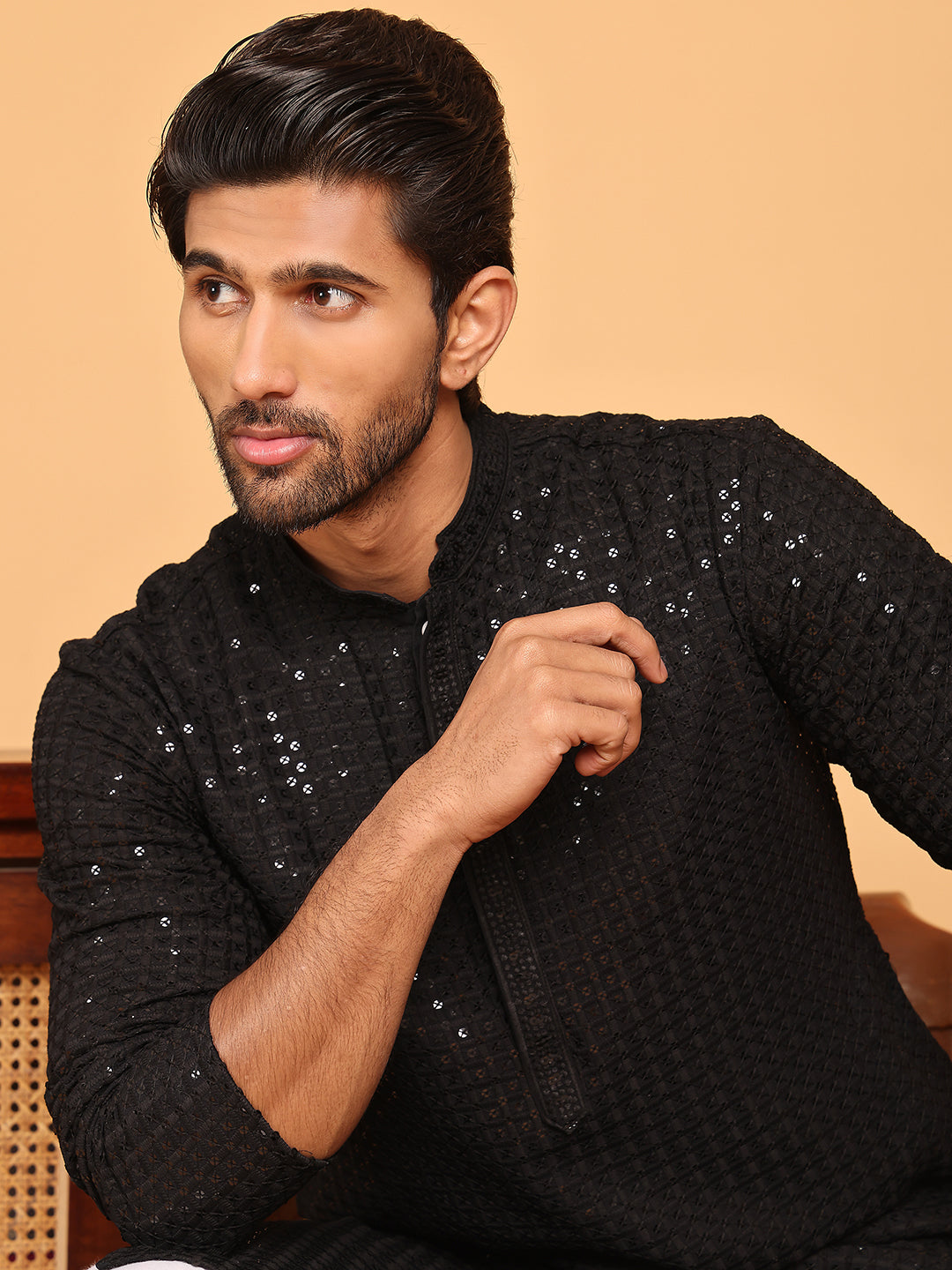 DesiQlo Men Embroidered Kurta Only - Black - KO_5177Black_S