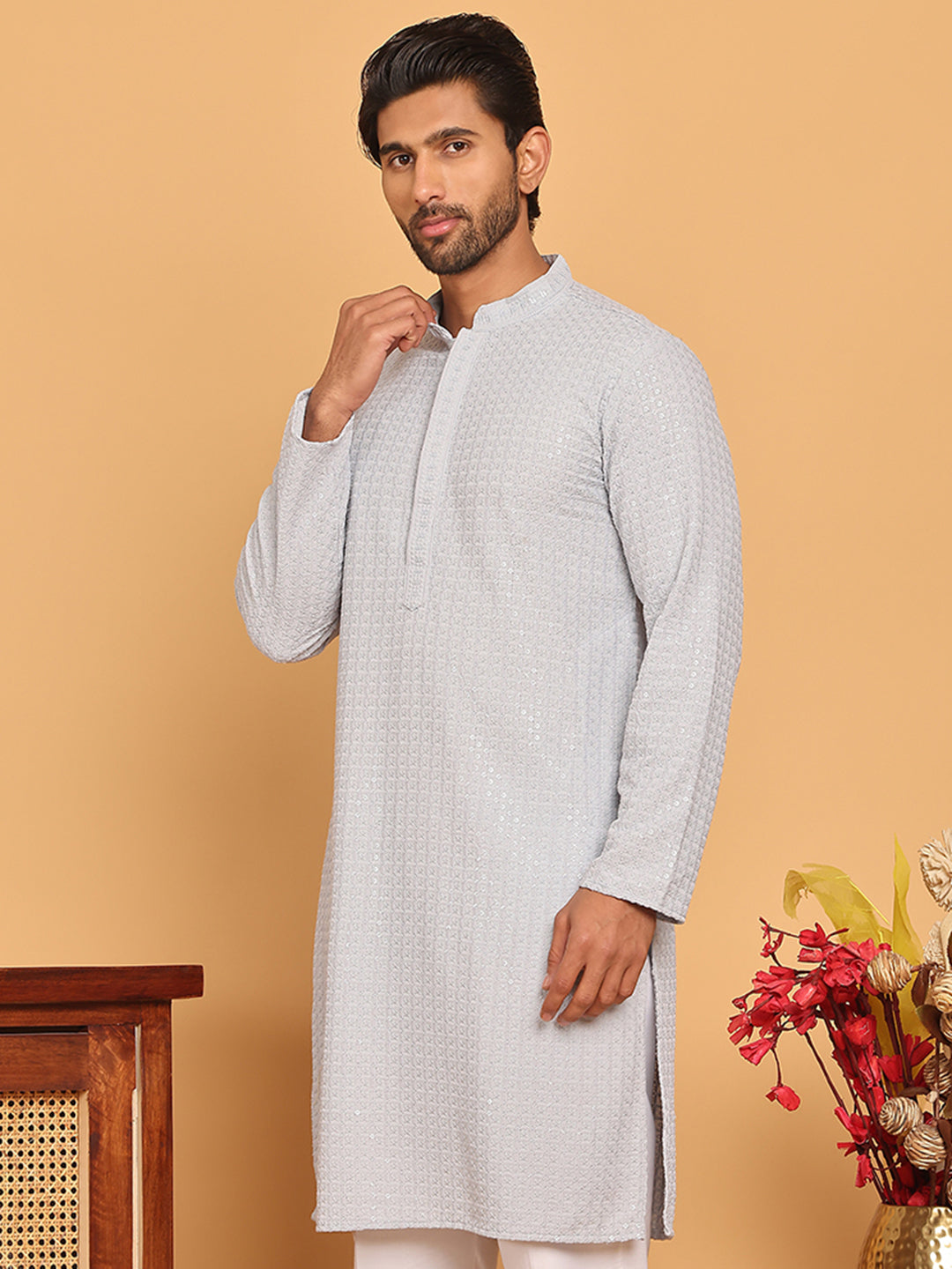 DesiQlo Men Embroidered Kurta Only - Multicolor - KO_5177Light-Grey_S
