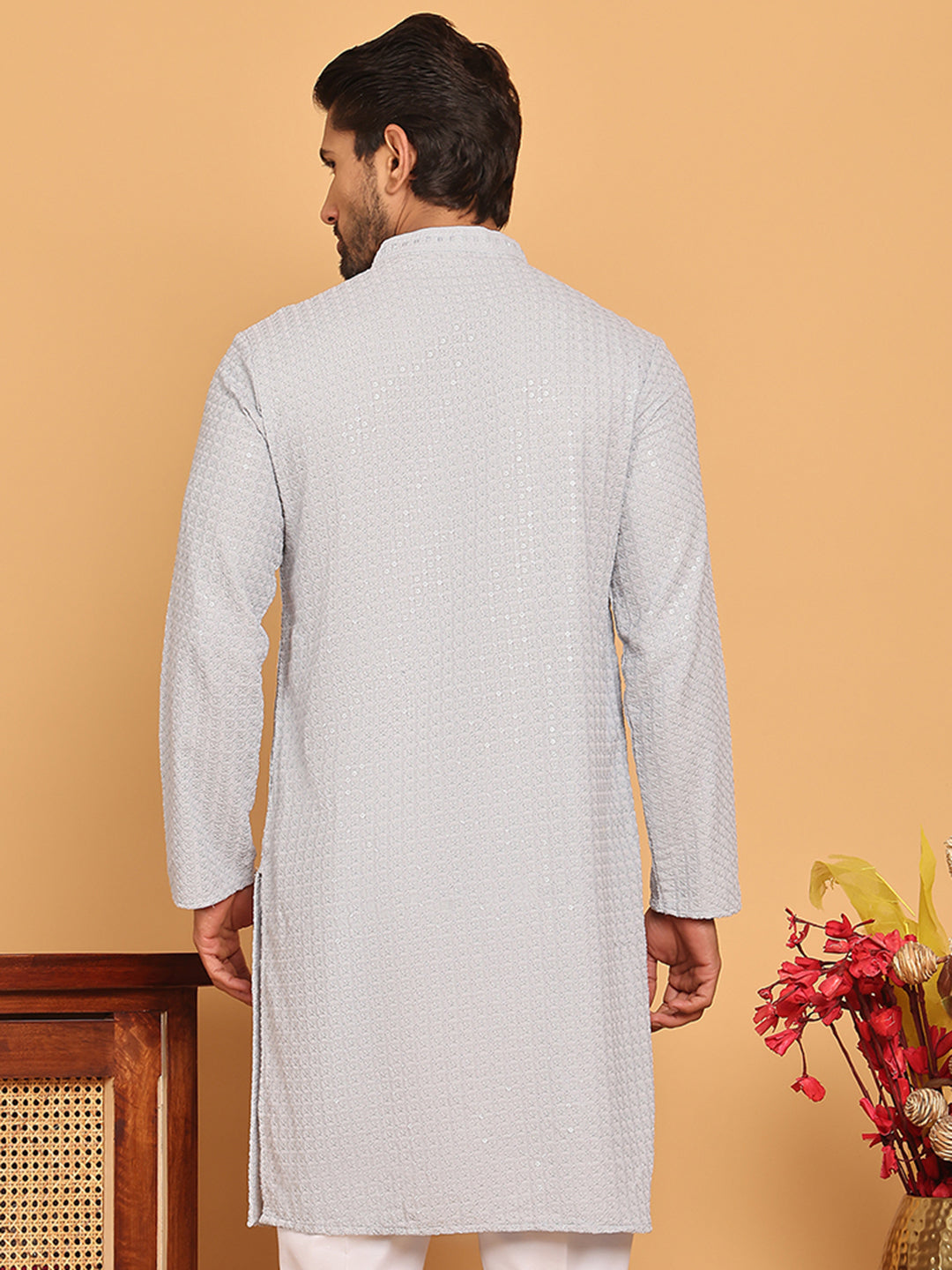 DesiQlo Men Embroidered Kurta Only - Multicolor - KO_5177Light-Grey_S