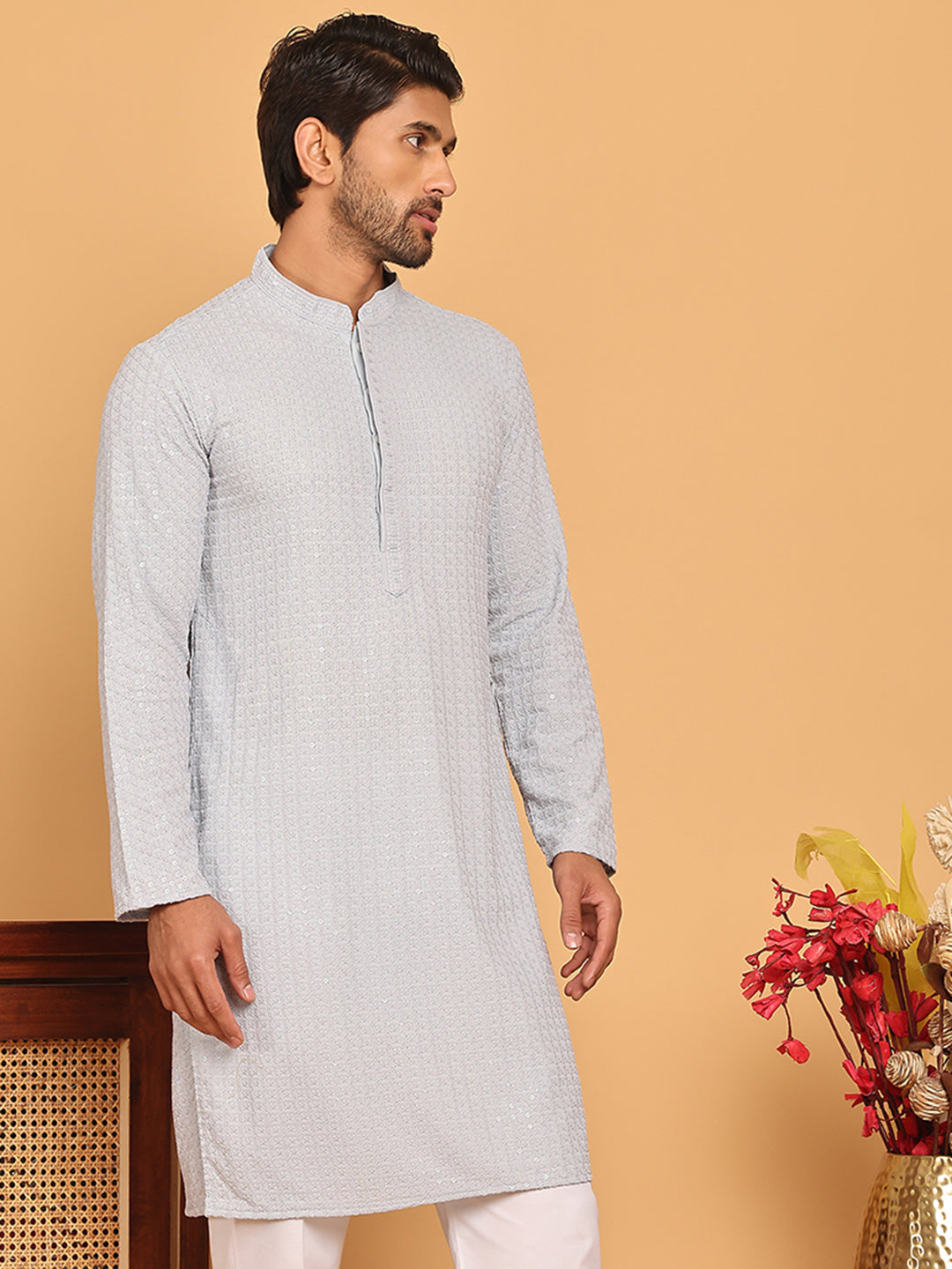DesiQlo Men Embroidered Kurta Only - Multicolor - KO_5177Light-Grey_S