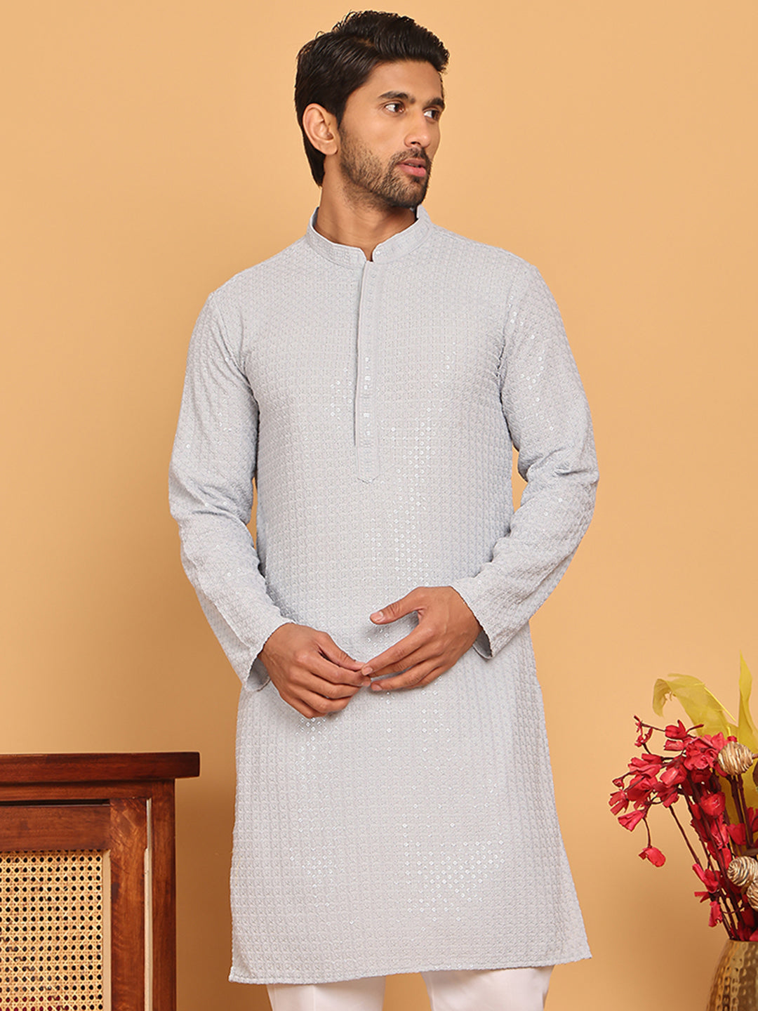 DesiQlo Men Embroidered Kurta Only - Multicolor - KO_5177Light-Grey_S