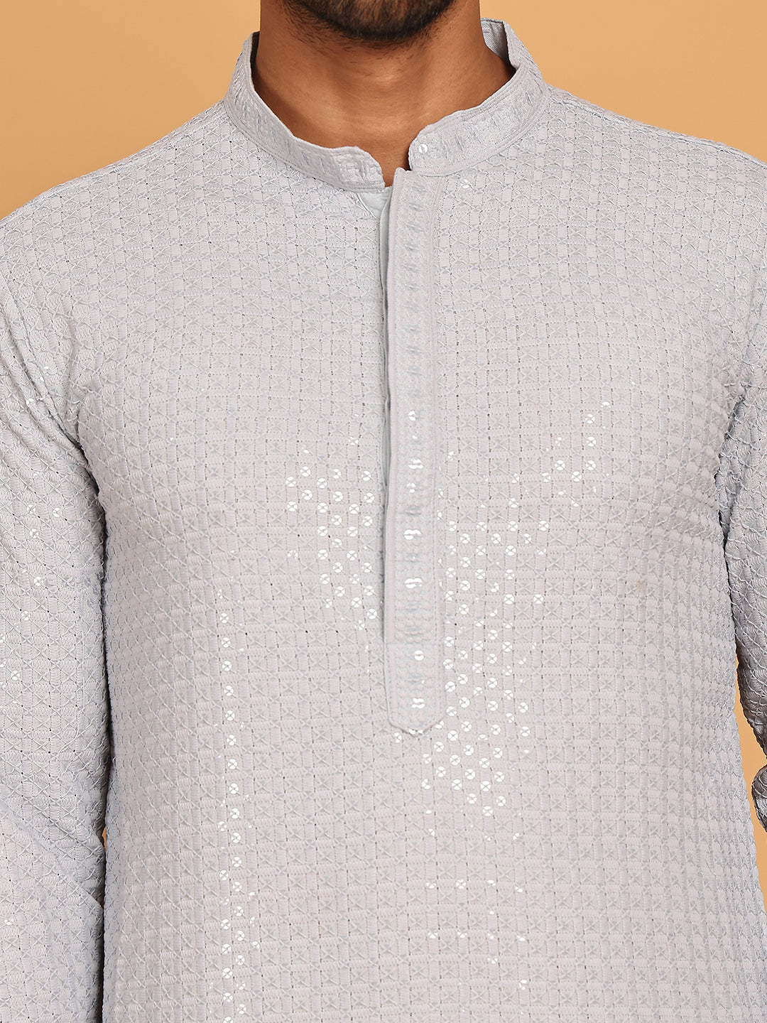 DesiQlo Men Embroidered Kurta Only - Multicolor - KO_5177Light-Grey_S