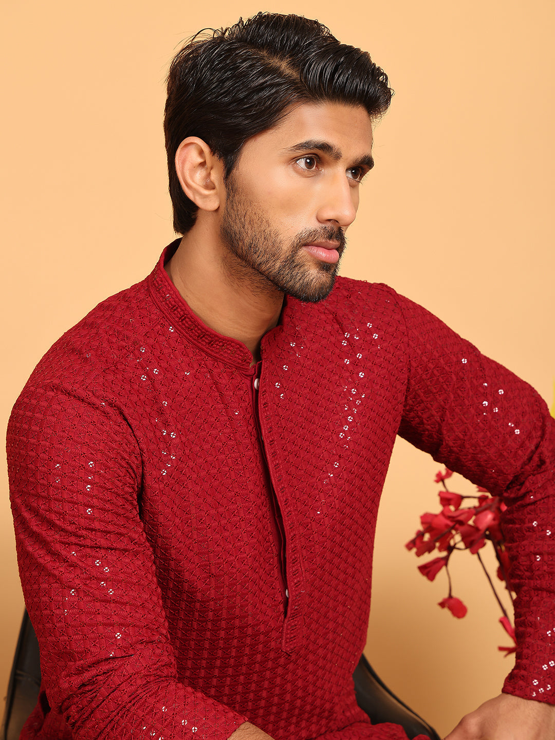 DesiQlo Men Embroidered Kurta Only - Maroon - KO_5177Maroon_S