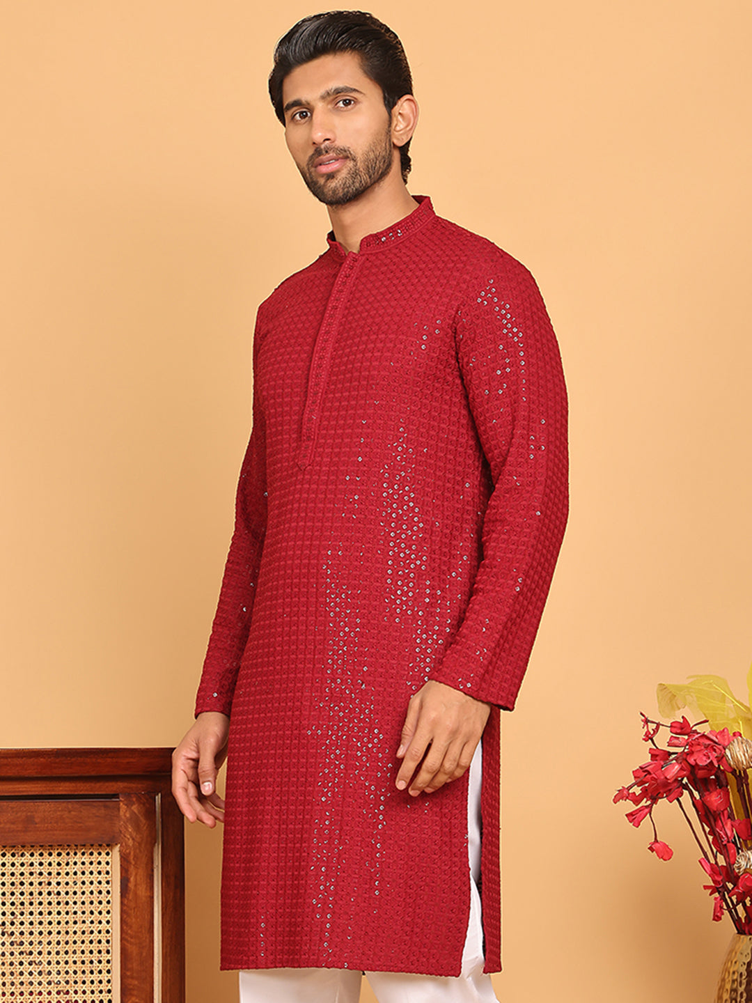 DesiQlo Men Embroidered Kurta Only - Maroon - KO_5177Maroon_S
