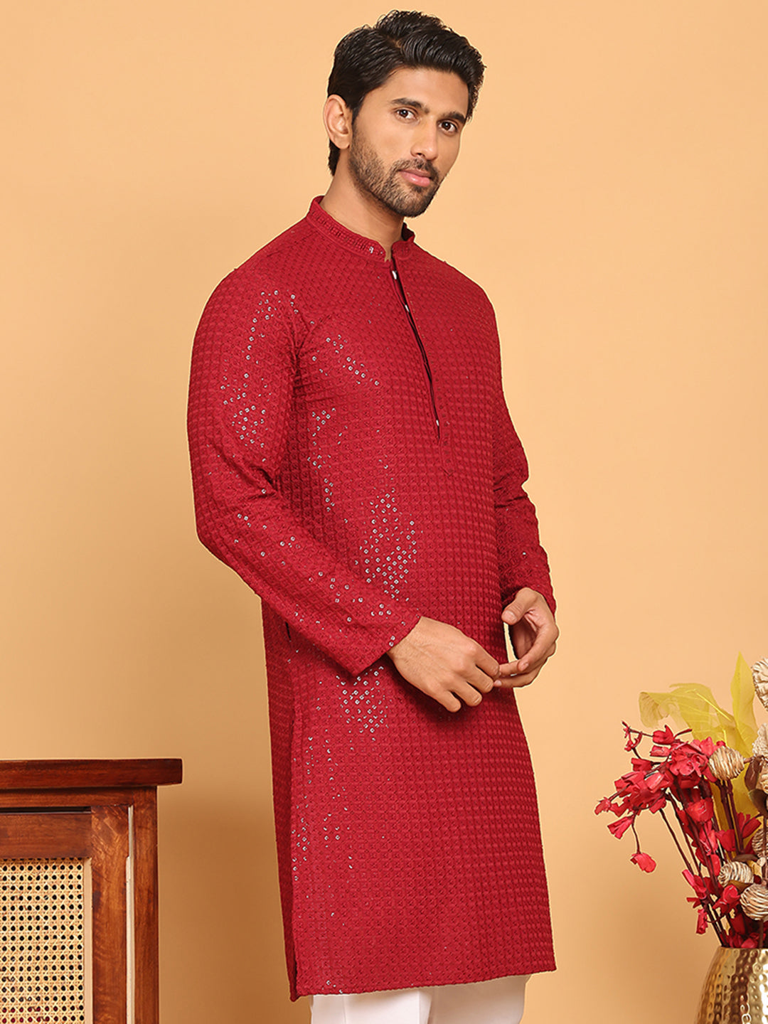 DesiQlo Men Embroidered Kurta Only - Maroon - KO_5177Maroon_S