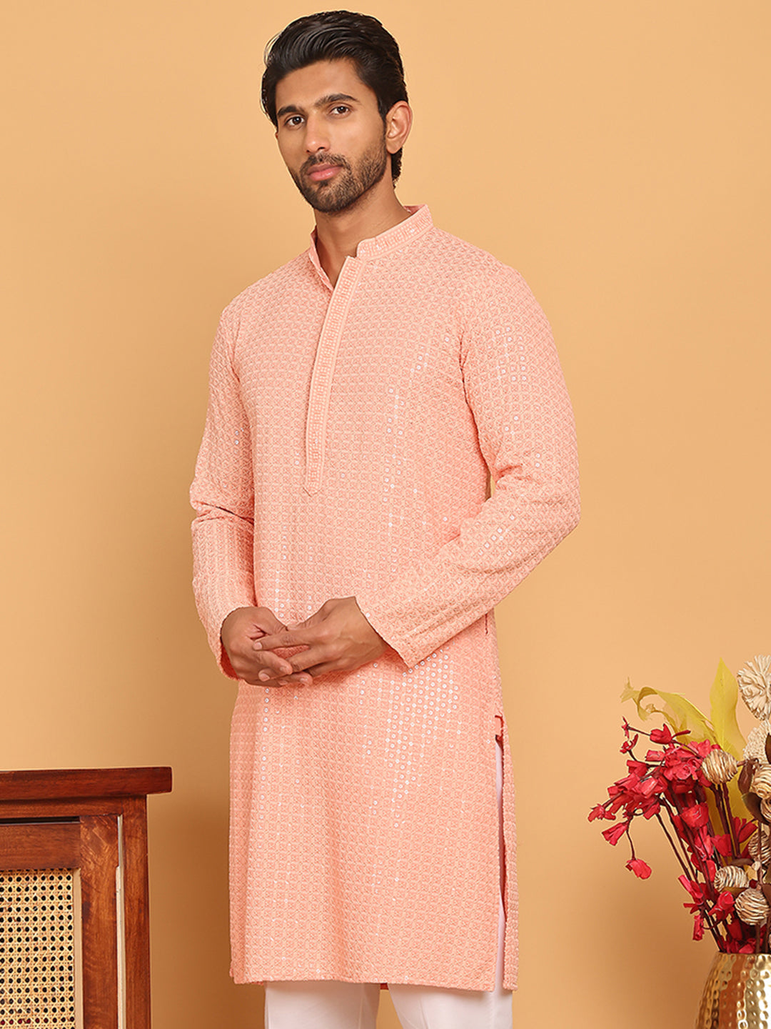 DesiQlo Men Embroidered Kurta Only - Orange - KO_5177Peach_S
