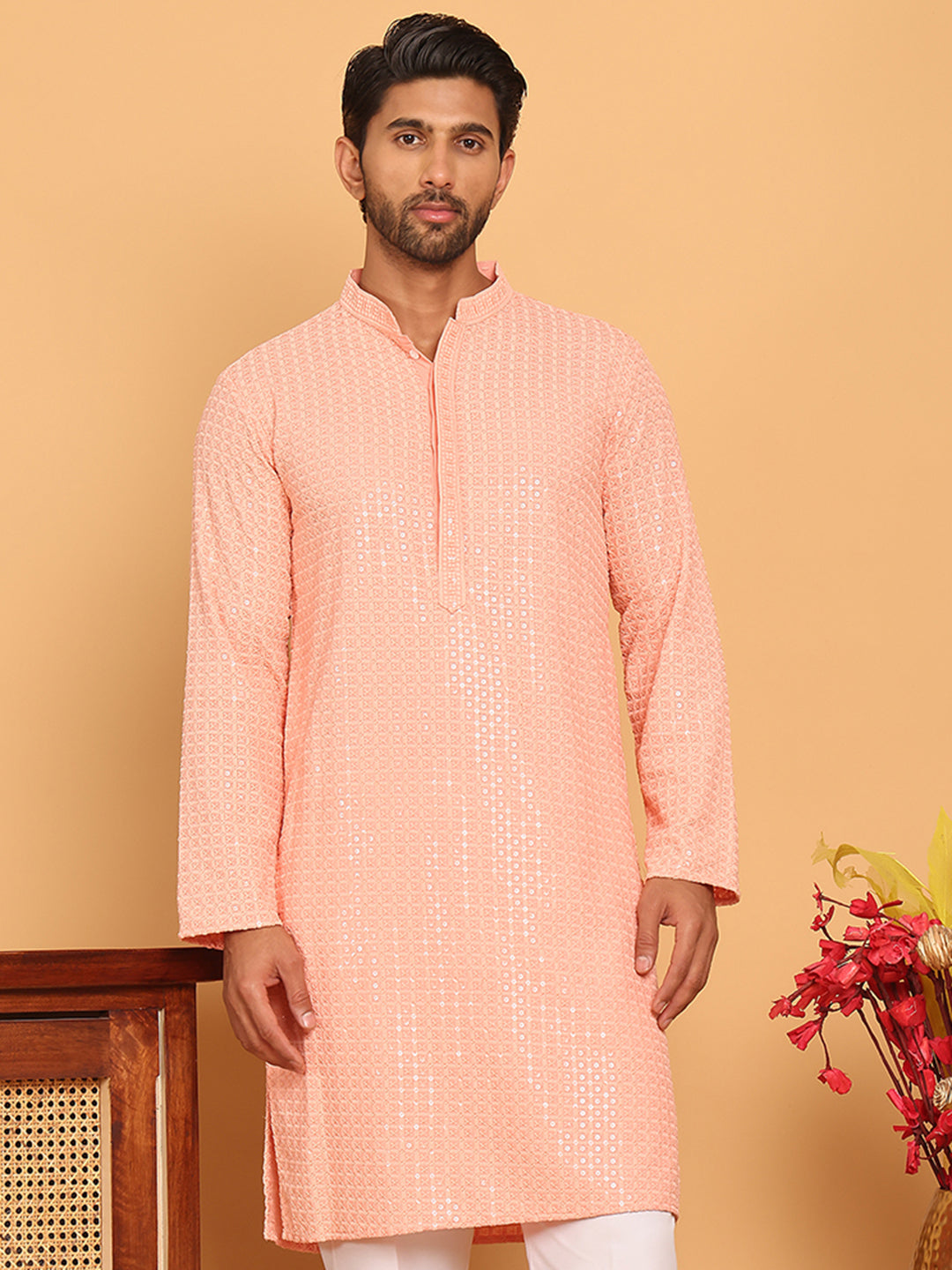 DesiQlo Men Embroidered Kurta Only - Orange - KO_5177Peach_S