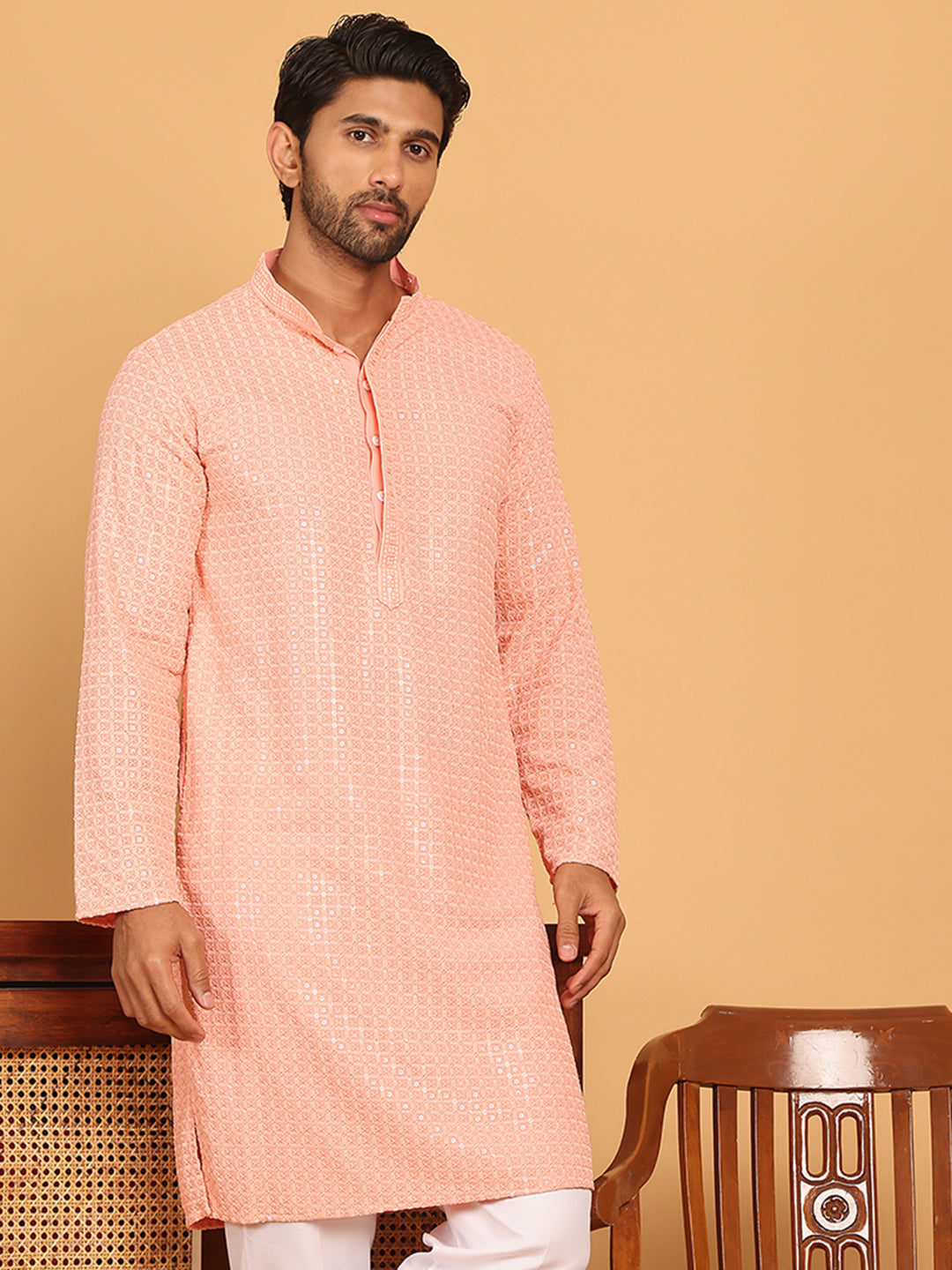 DesiQlo Men Embroidered Kurta Only - Orange - KO_5177Peach_S