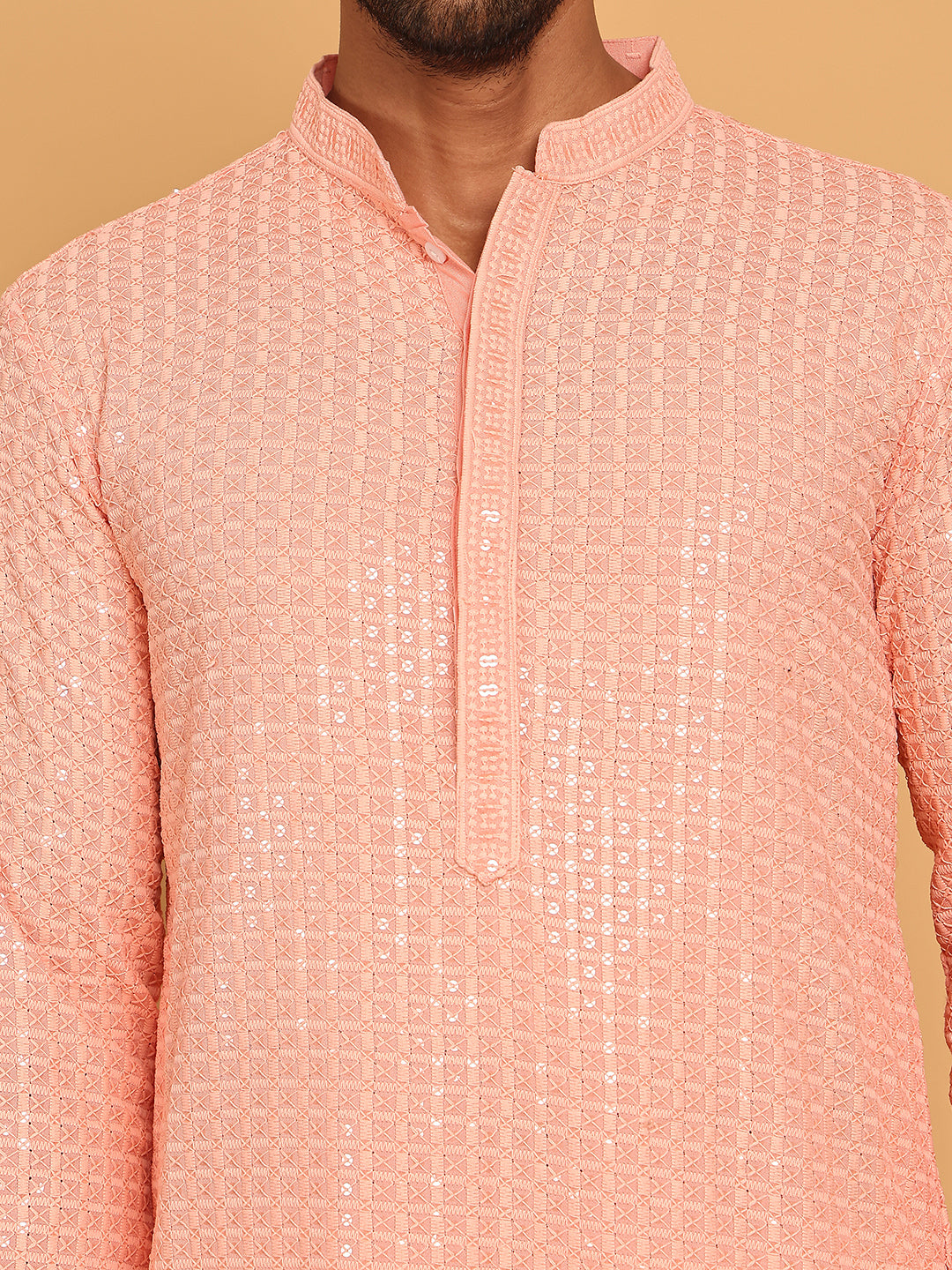 DesiQlo Men Embroidered Kurta Only - Orange - KO_5177Peach_S