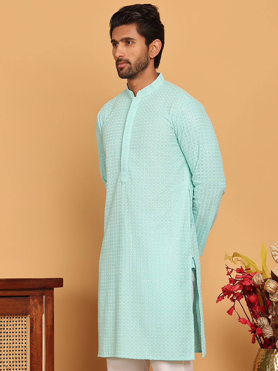 DesiQlo Men Embroidered Kurta Only - Blue - KO_5177Sky_S