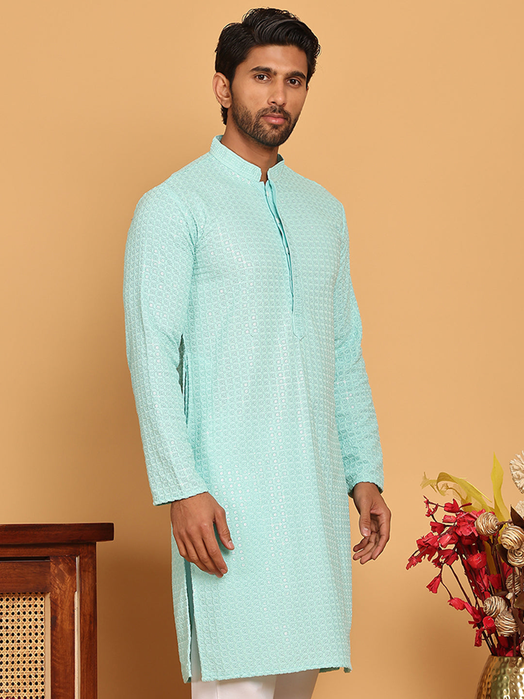 DesiQlo Men Embroidered Kurta Only - Blue - KO_5177Sky_S