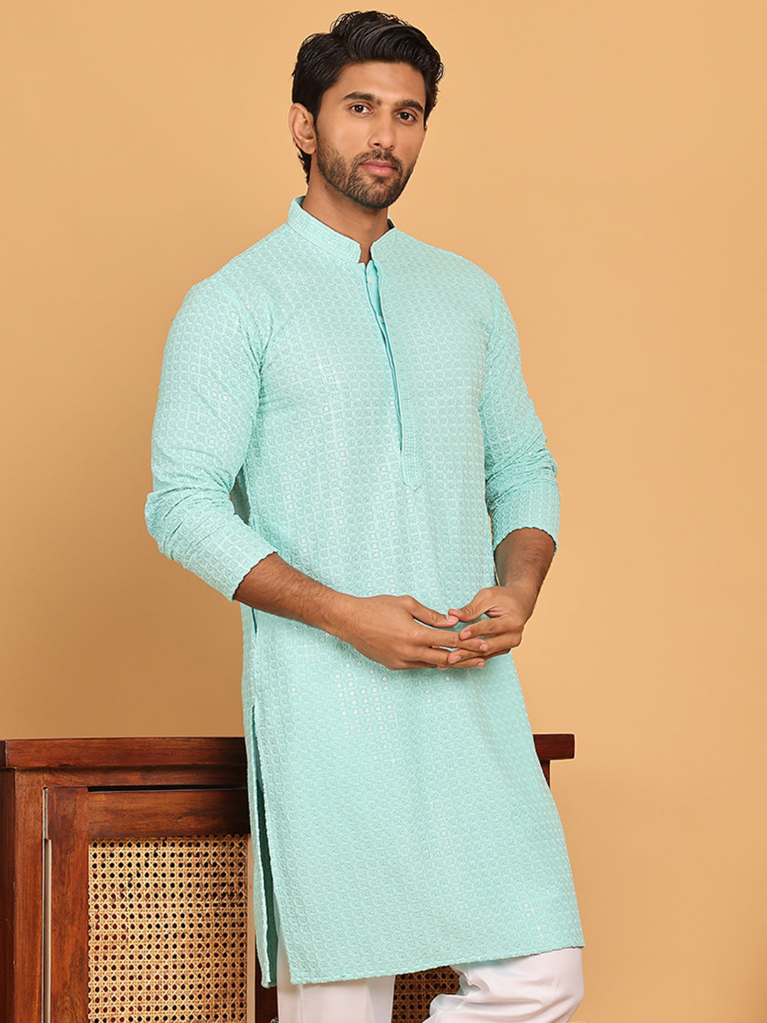 DesiQlo Men Embroidered Kurta Only - Blue - KO_5177Sky_S