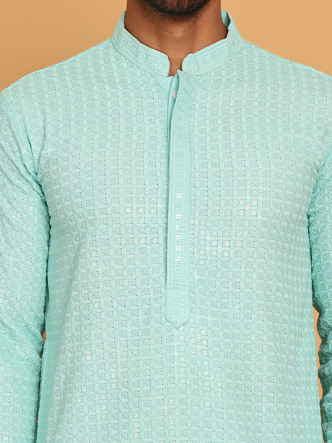 DesiQlo Men Embroidered Kurta Only - Blue - KO_5177Sky_S