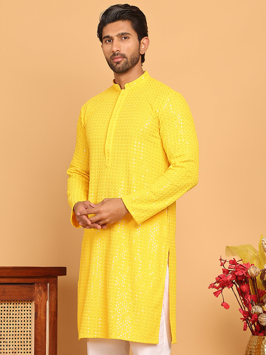 DesiQlo Men Embroidered Kurta Only - Yellow - KO_5177Yellow_S