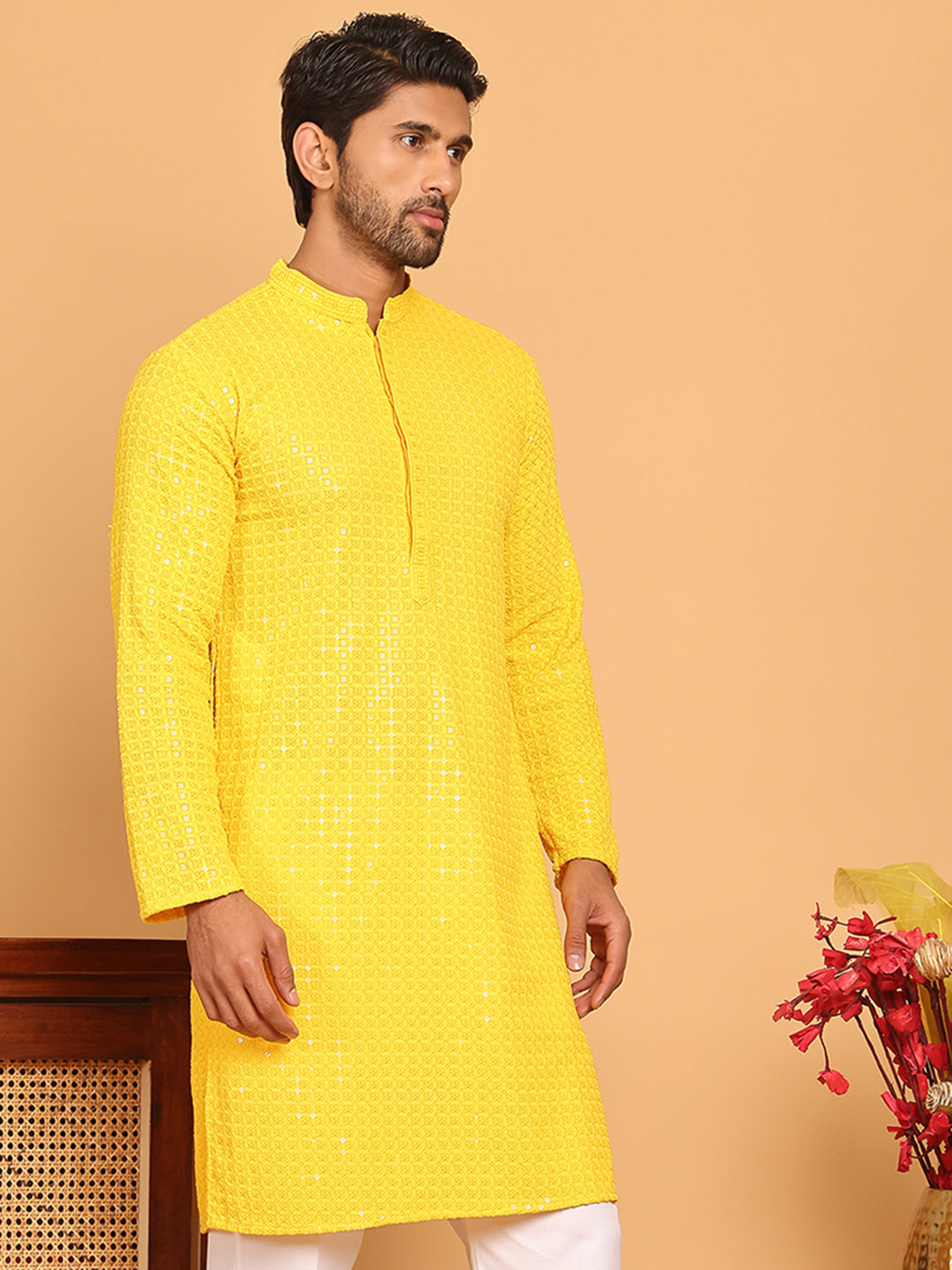 DesiQlo Men Embroidered Kurta Only - Yellow - KO_5177Yellow_S