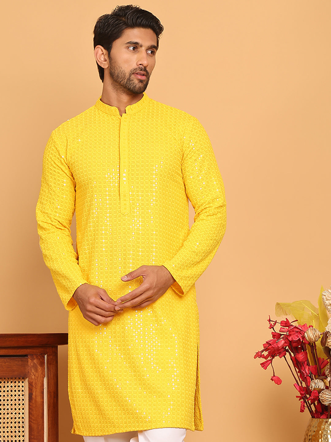 DesiQlo Men Embroidered Kurta Only - Yellow - KO_5177Yellow_S