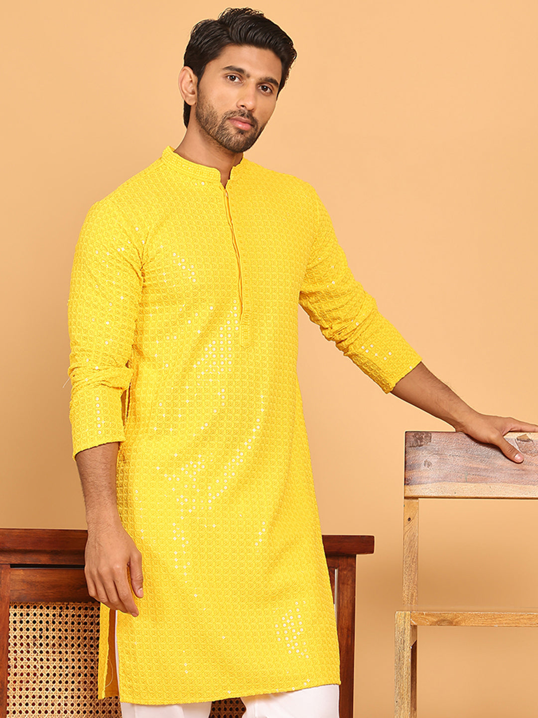 DesiQlo Men Embroidered Kurta Only - Yellow - KO_5177Yellow_S