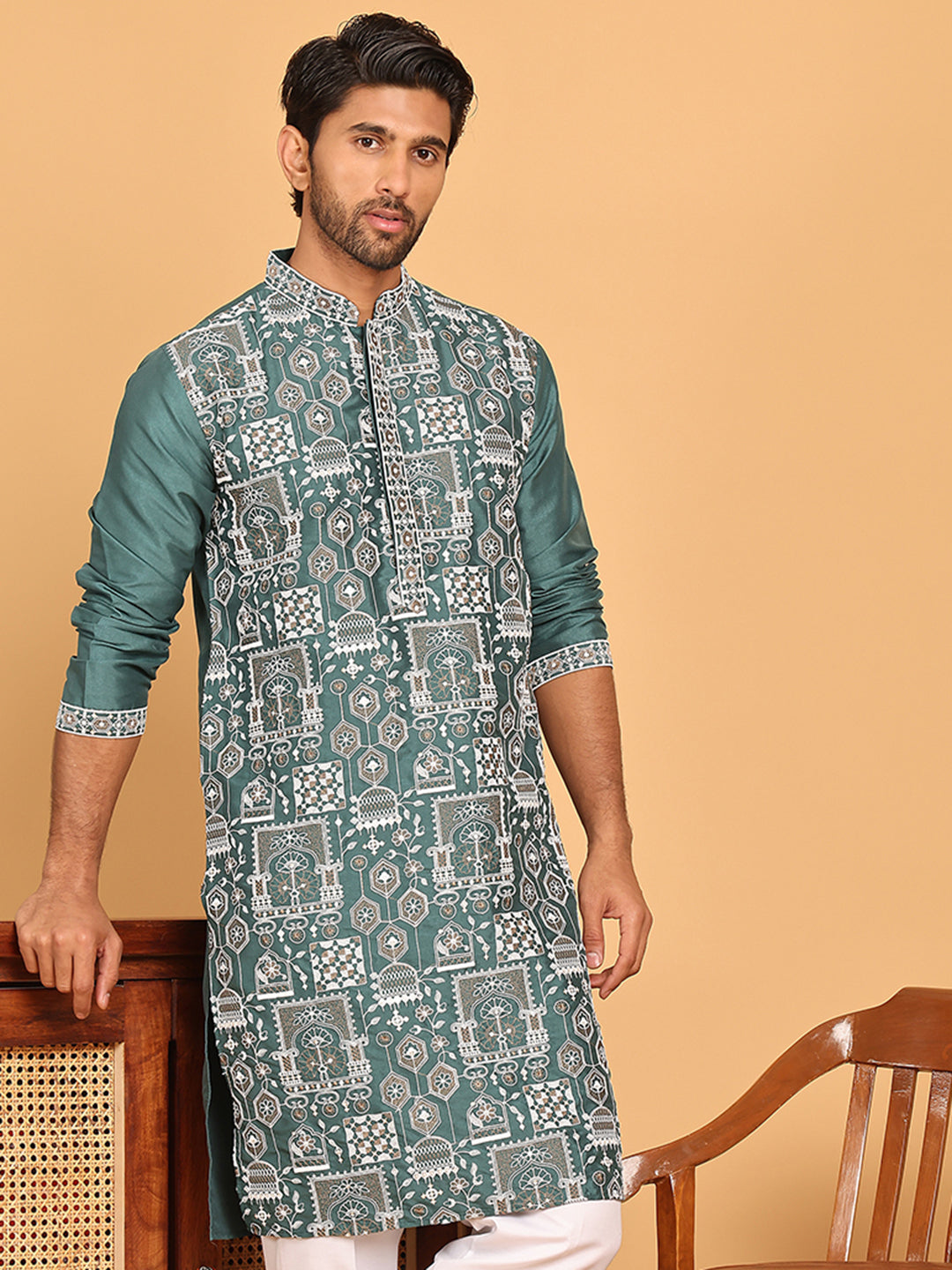 DesiQlo Men Embroidered Kurta Only - Green - KO_5178Green_S
