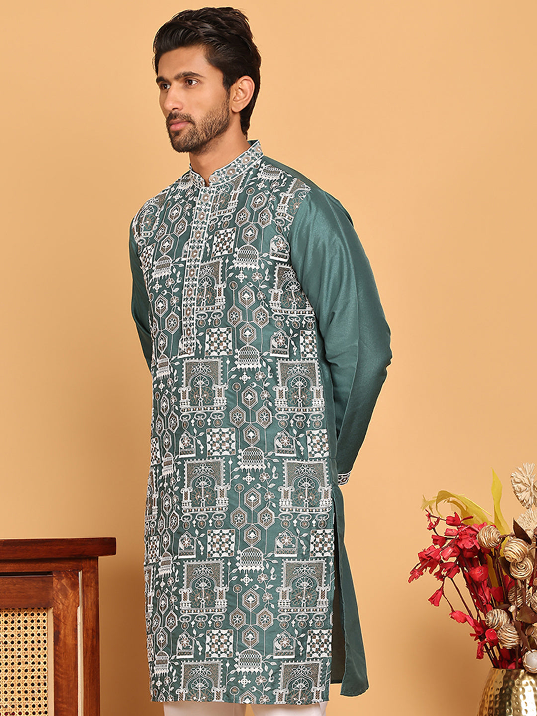 DesiQlo Men Embroidered Kurta Only - Green - KO_5178Green_S