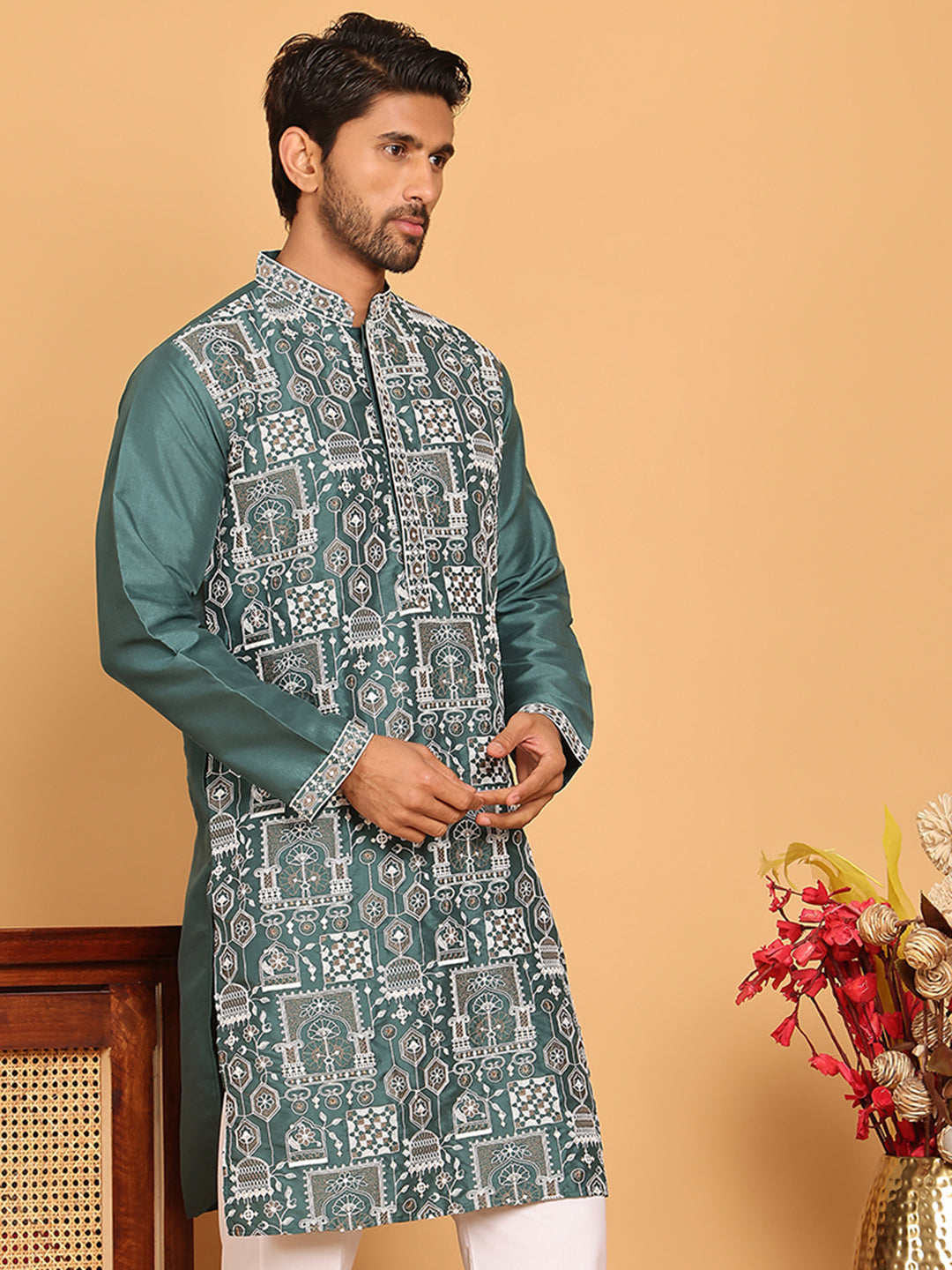 DesiQlo Men Embroidered Kurta Only - Green - KO_5178Green_S