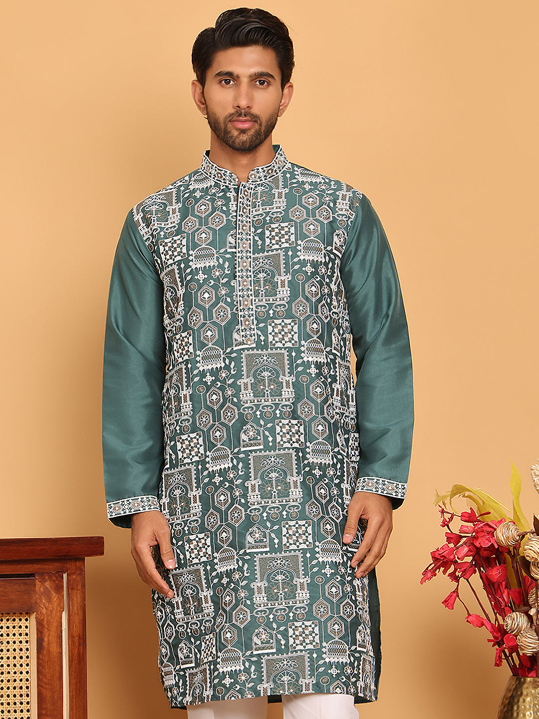 DesiQlo Men Embroidered Kurta Only - Green - KO_5178Green_S