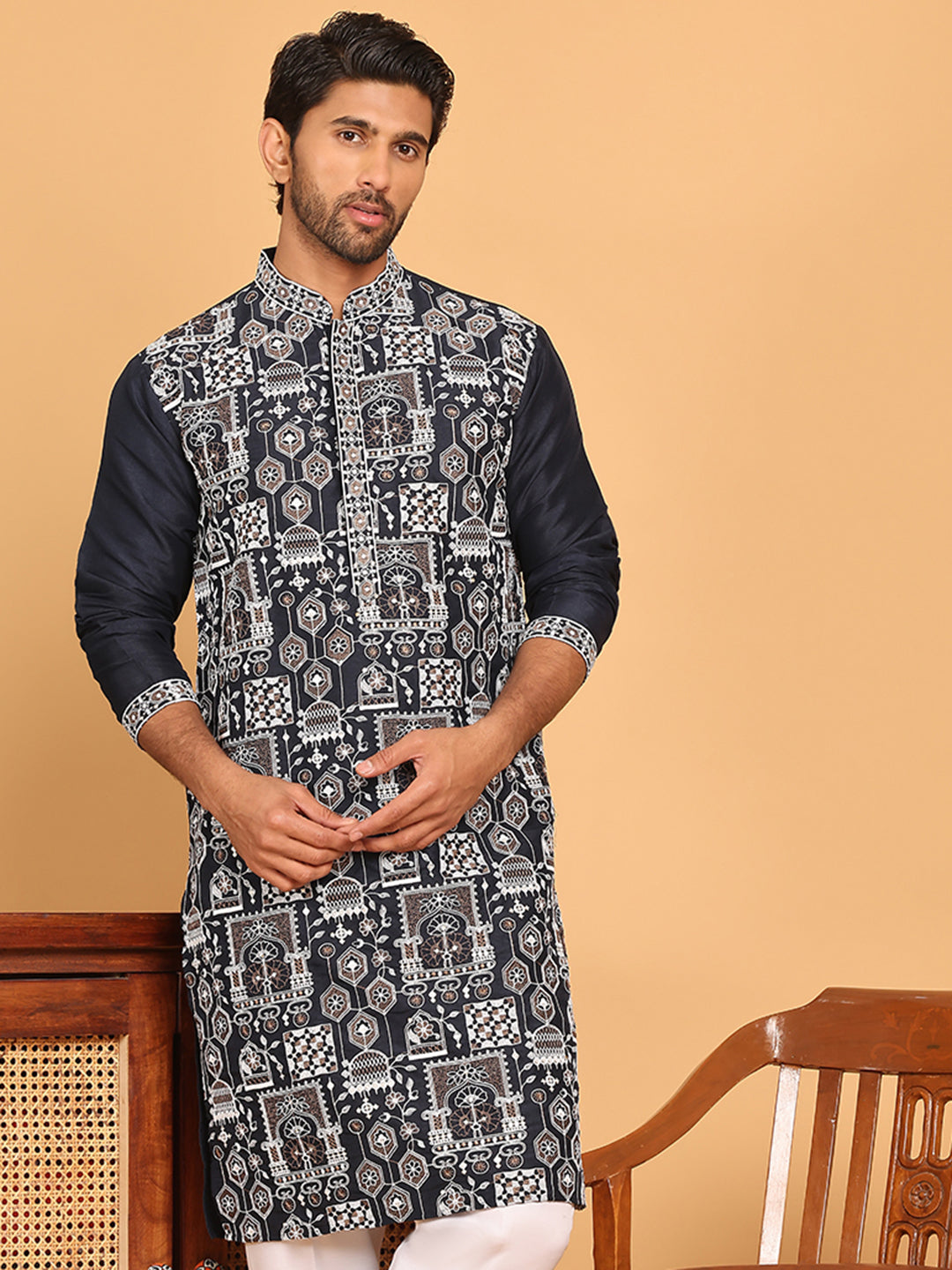 Embroidered Straight Kurtas For Men ( KO 5178 Navy ) [FF] [J-2-3]
