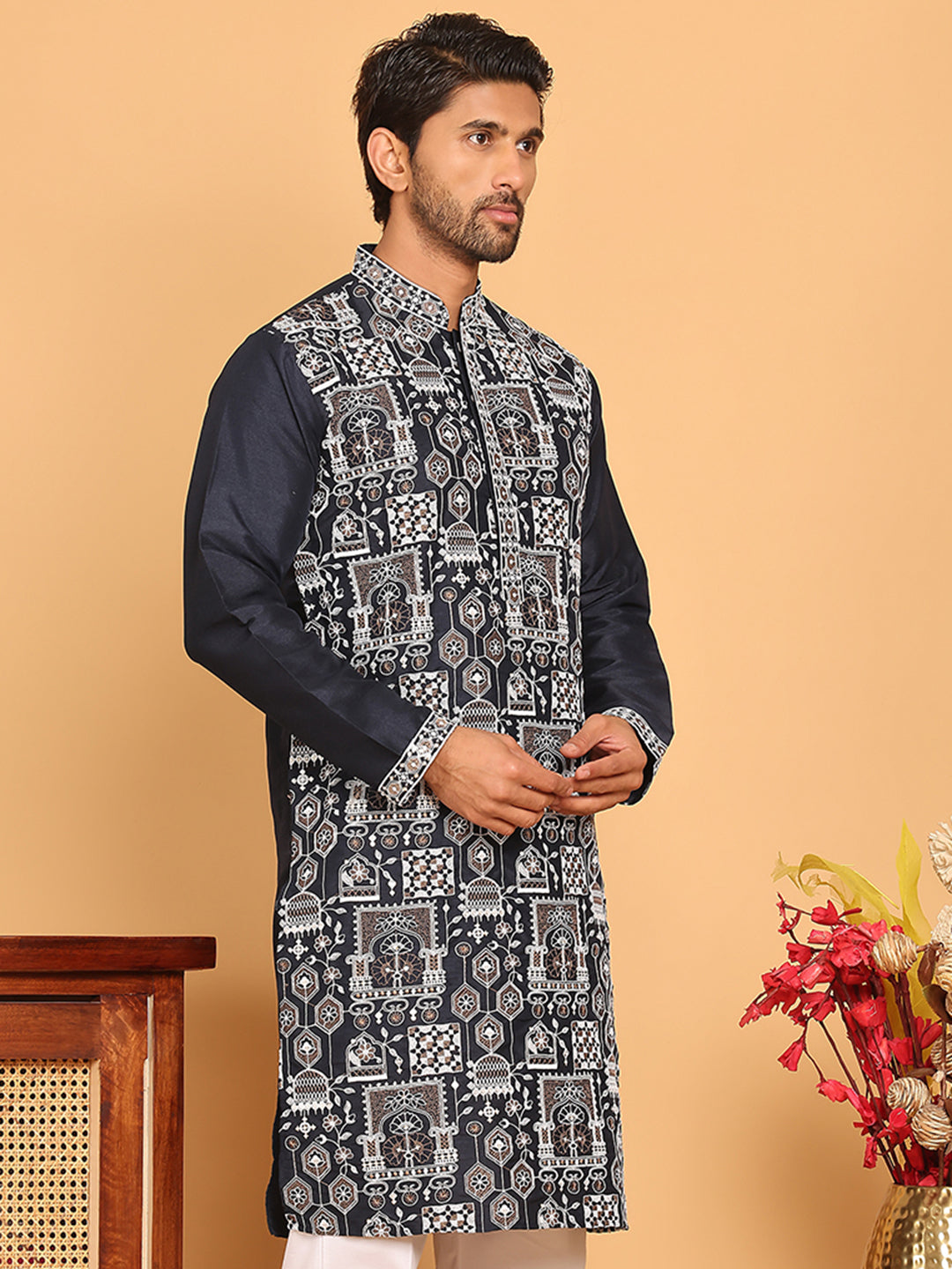 DesiQlo Men Embroidered Kurta Only - Blue - KO_5178Navy_S
