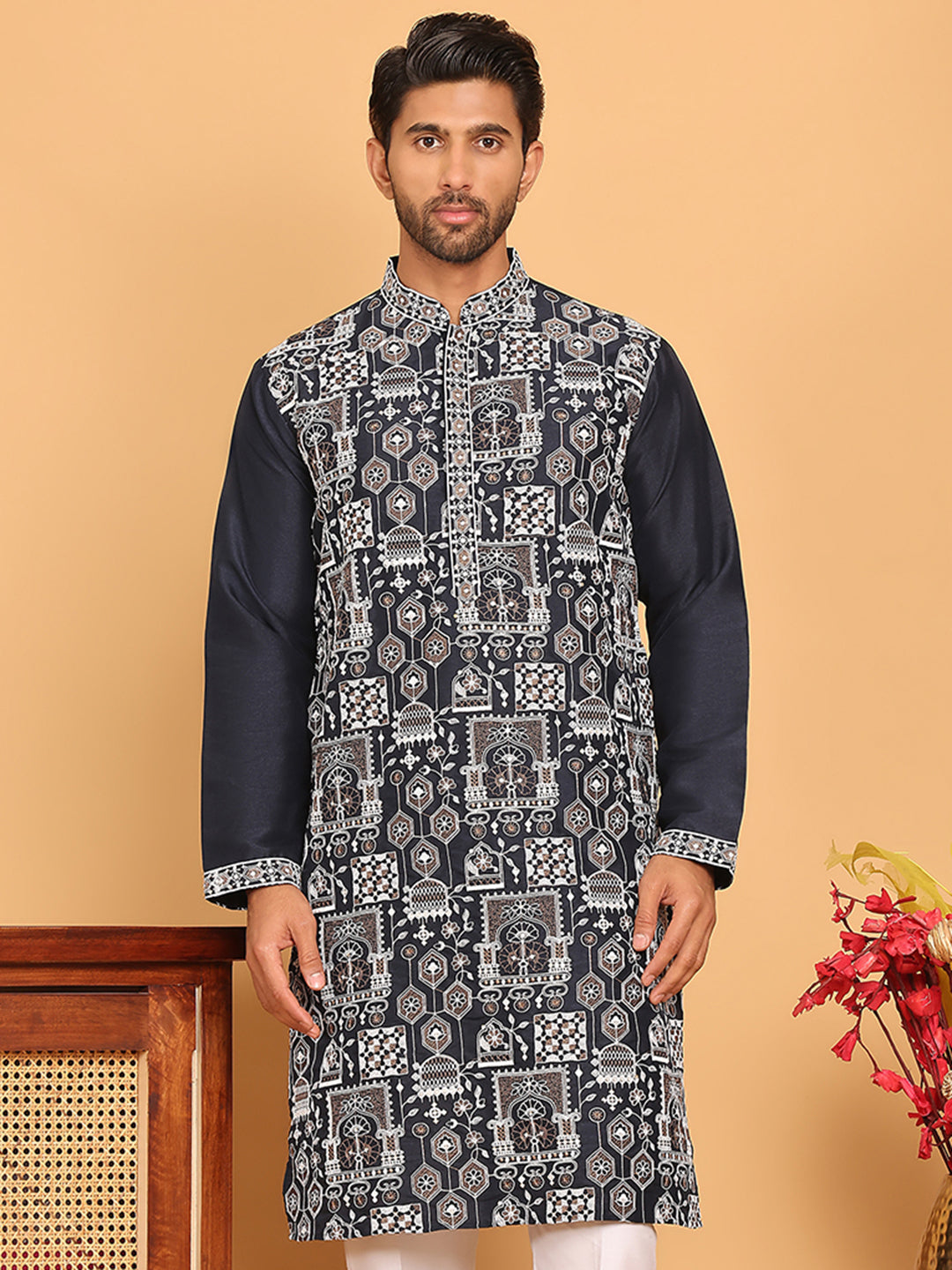 DesiQlo Men Embroidered Kurta Only - Blue - KO_5178Navy_S