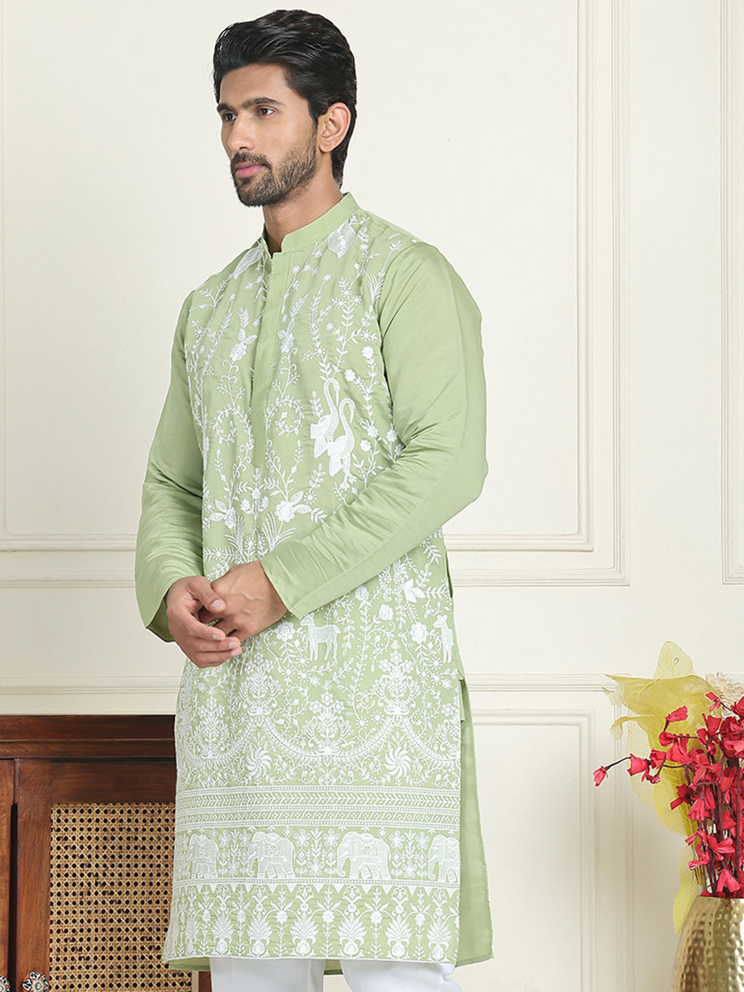DesiQlo Men Embroidered Kurta Only - Green - KO_5179Pista_S