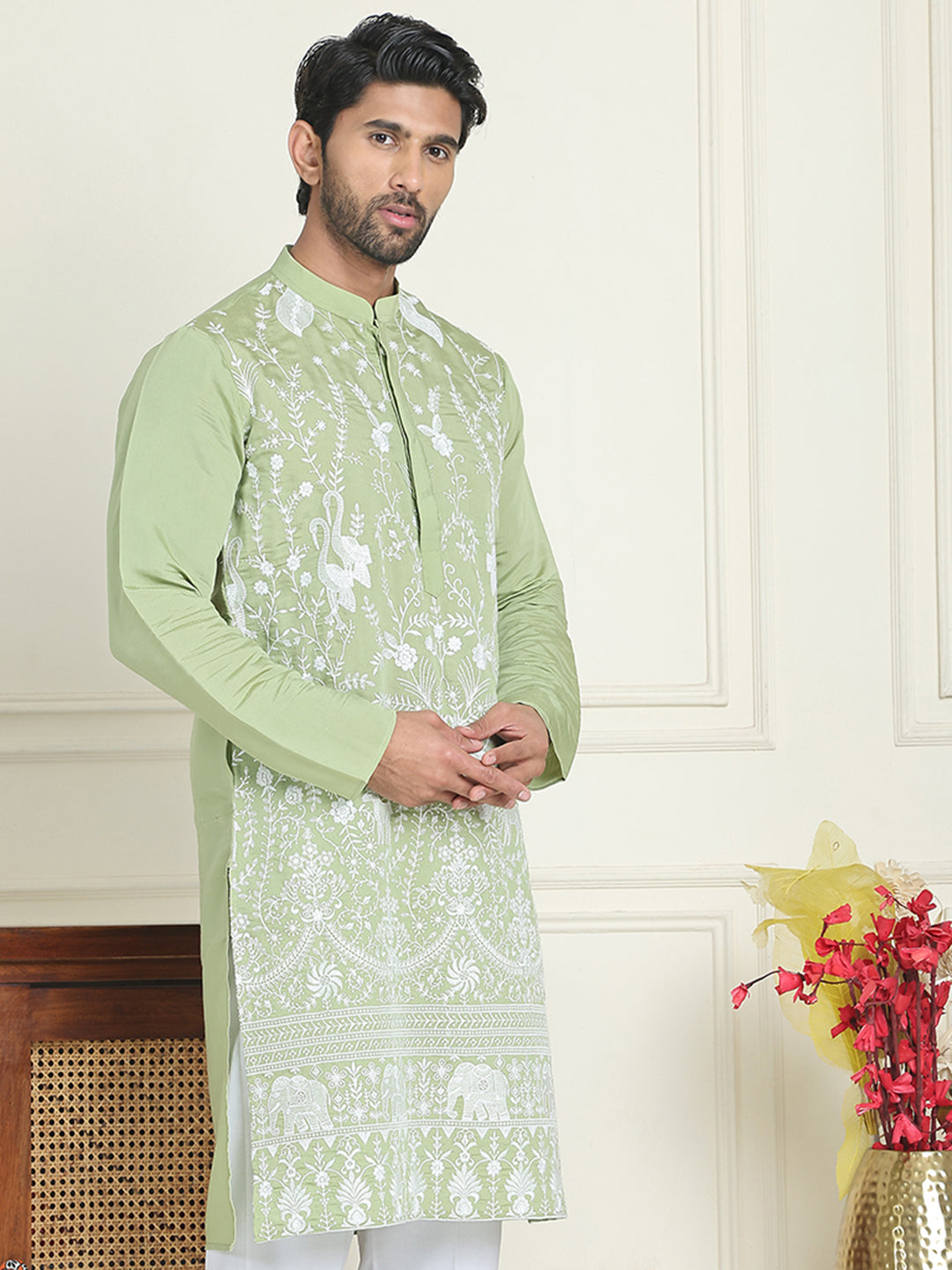 DesiQlo Men Embroidered Kurta Only - Green - KO_5179Pista_S
