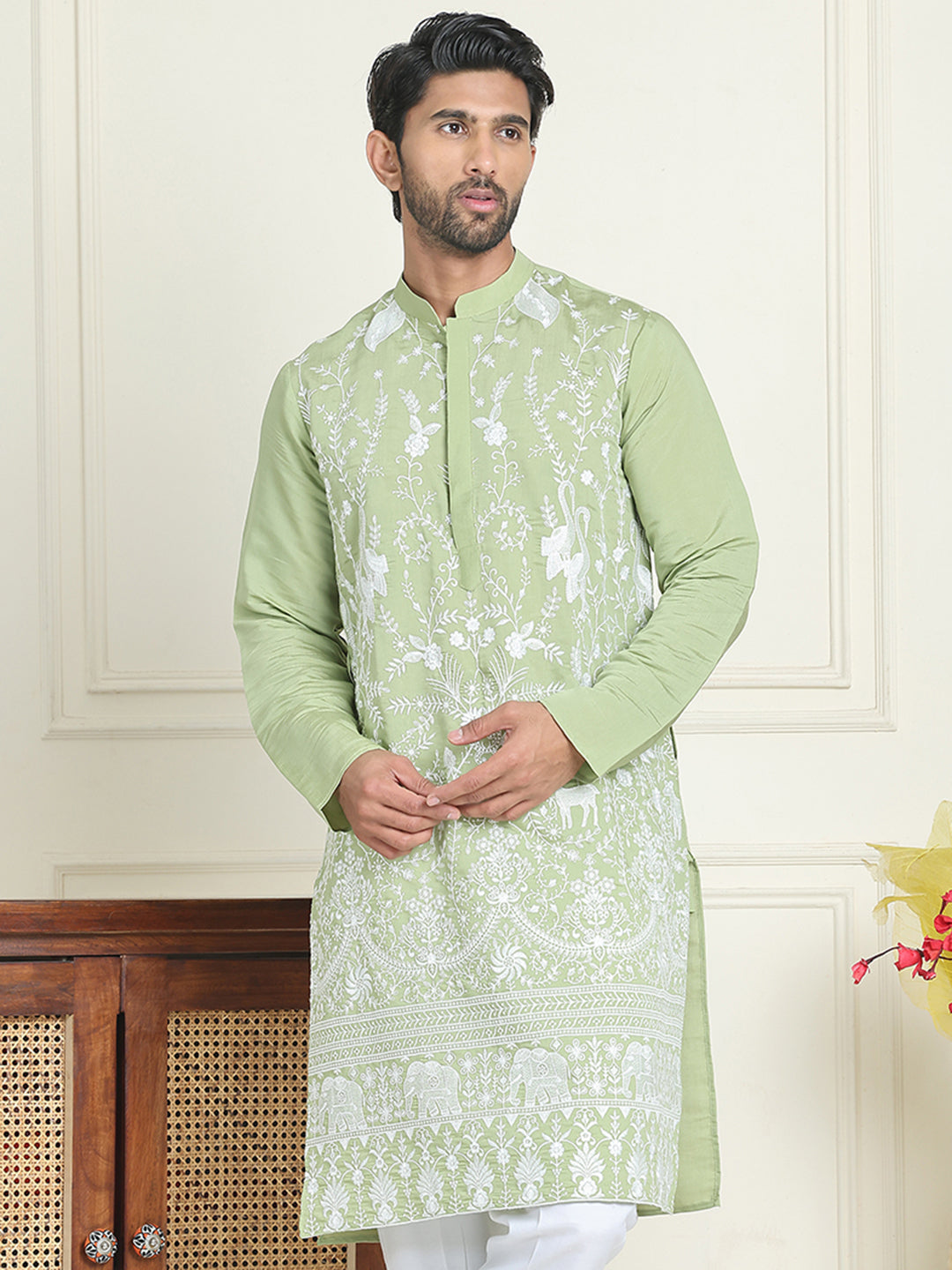 DesiQlo Men Embroidered Kurta Only - Green - KO_5179Pista_S