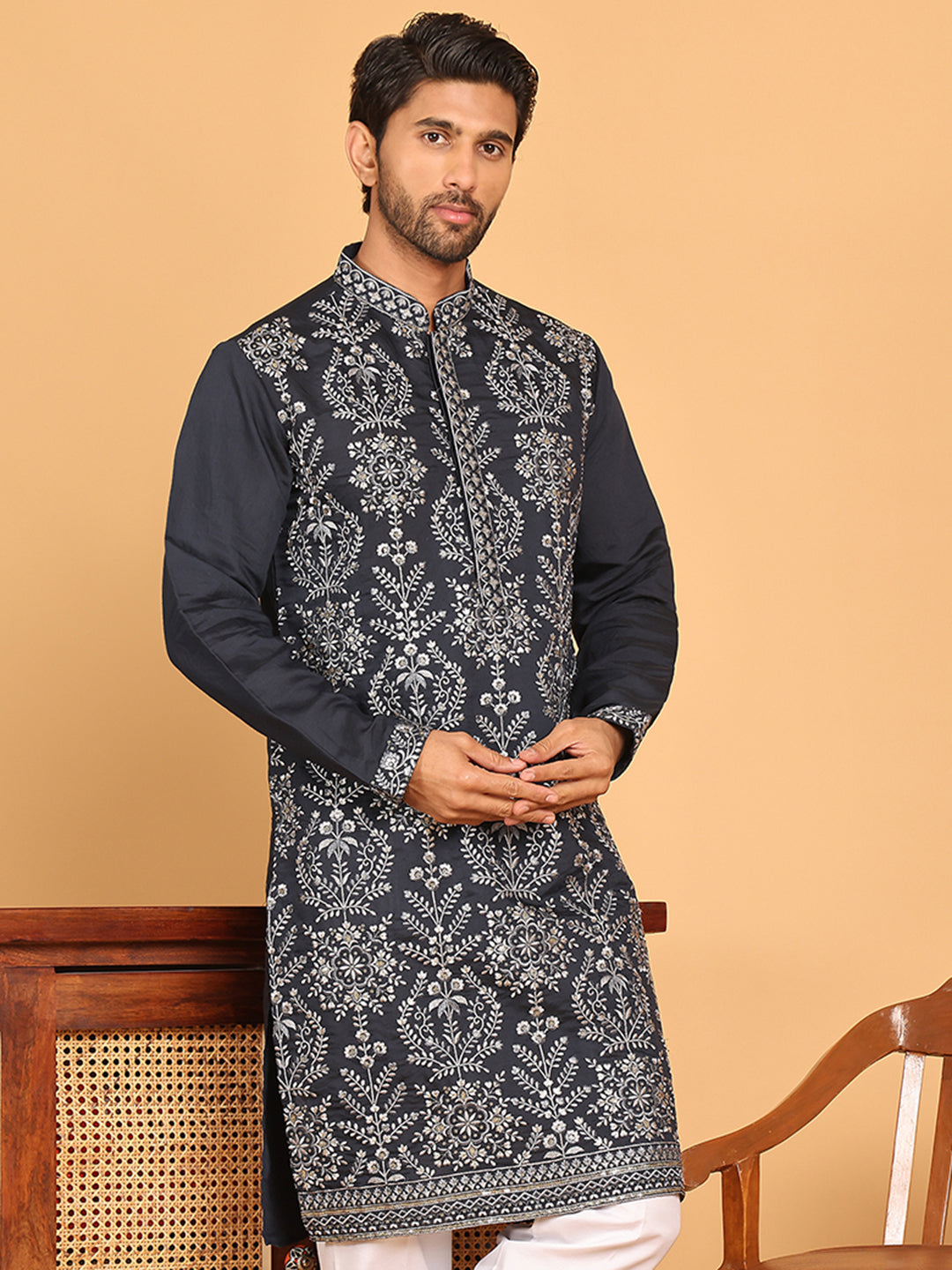 DesiQlo Men Embroidered Kurta Only - Blue - KO_5180Navy_S