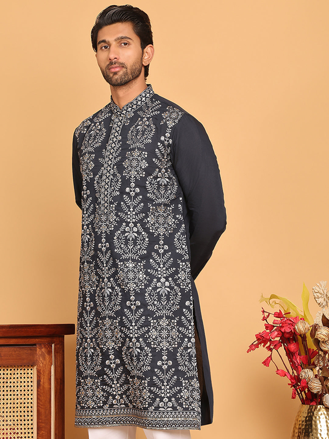 DesiQlo Men Embroidered Kurta Only - Blue - KO_5180Navy_S